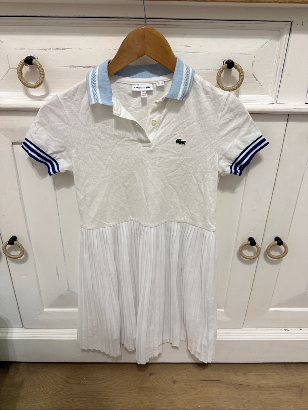 Lacoste White Pleated Polo Dress with Light Blue Collar and Navy Trim, Sz 10